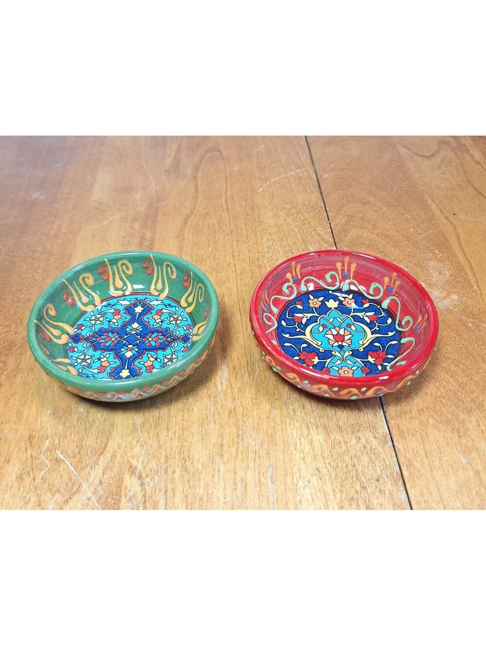 TWO Clay Decorative Dish/Bowls Hand Painted/Signed Natto Tilay Pottery 3.25